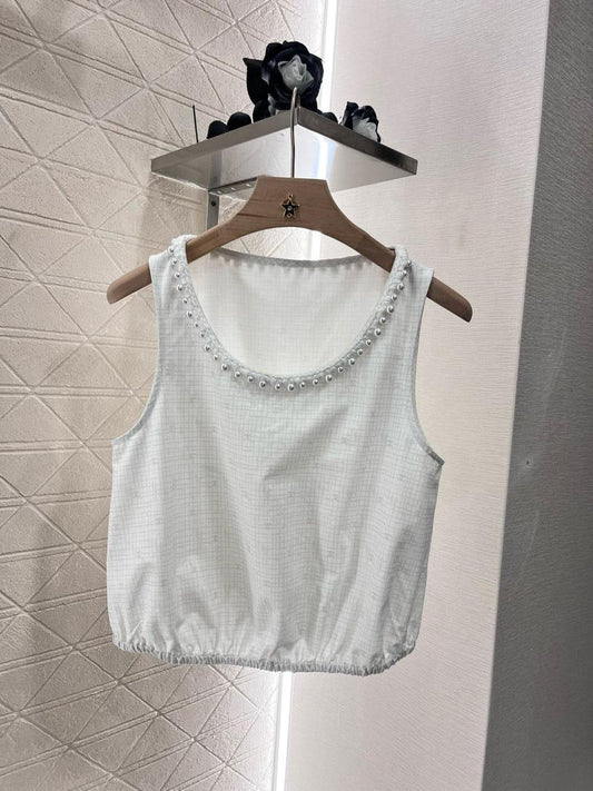 Chanel - Top a bretelle avec perles Blanc