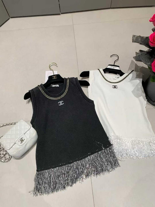 Chanel - T-Shirt avec frange pailletée Noir/Blanc