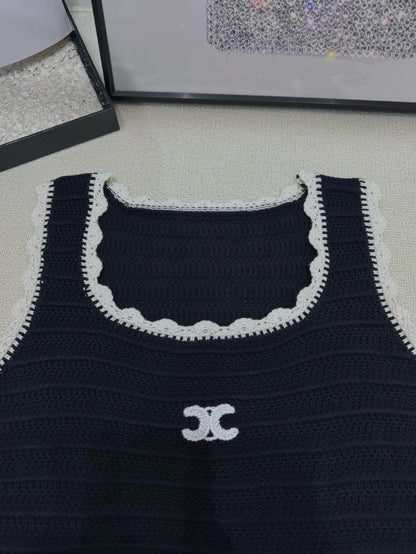 Celine - Top avec logo Celine brodé en blanc Noir