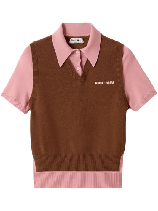 Miu Miu - Polo à logo en intarsia Marron