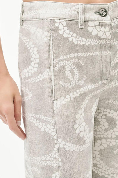 Chanel - Pantalon motifs spirale et floraux Blanc/Rose/Gris
