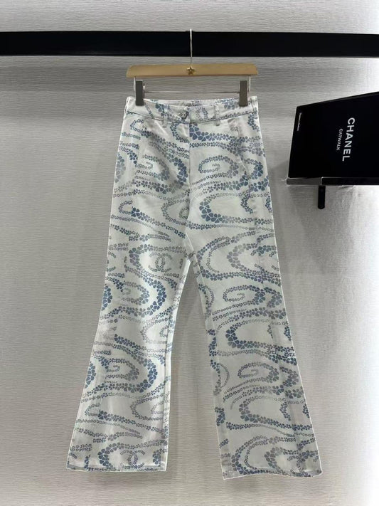 Chanel - Pantalon motifs spirale et floraux Blanc/Rose/Gris