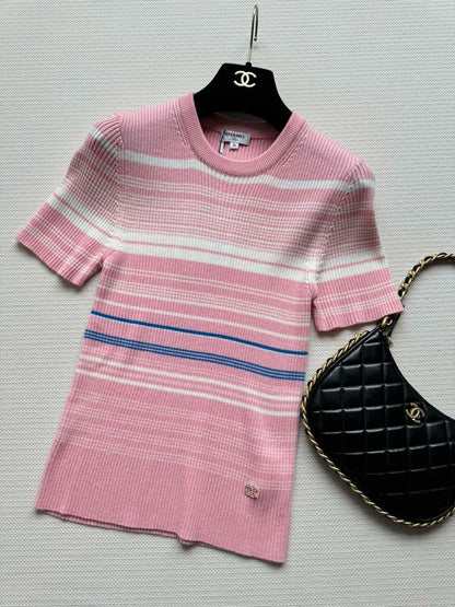 Chanel - T-Shirt à rayure Rose/Blanc/Noir