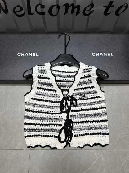 Celine - T-Shirt en maille crocheté avec rayure Noir et Blanc