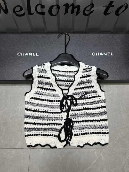 Celine - T-Shirt en maille crocheté avec rayure Noir et Blanc
