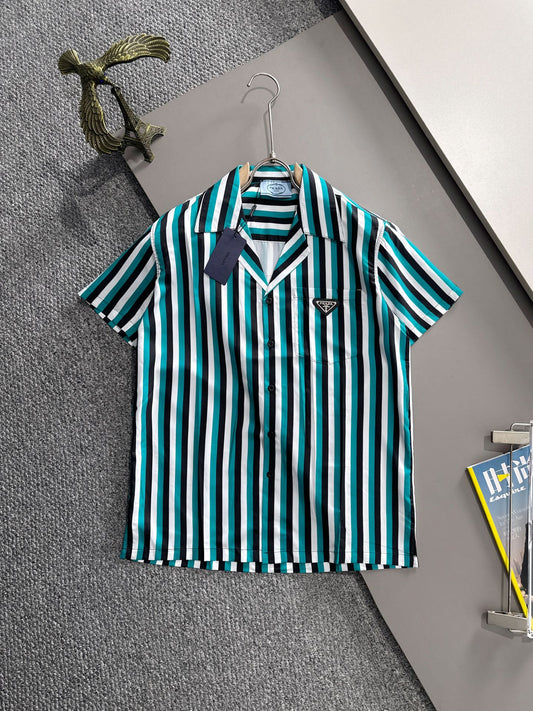 Prada - Chemise en soie Prada à Rayures Vibrantes Turquoise