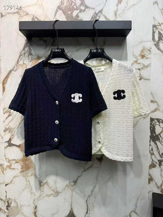 Celine - T-shirt à bouton orné du logo CC Bleu Marine/Blanc
