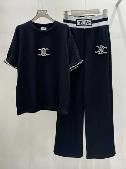 Celine - Ensemble T-shirt & Pantalon orné du logo Celine en perles Orange/Gris/Bleu Marine