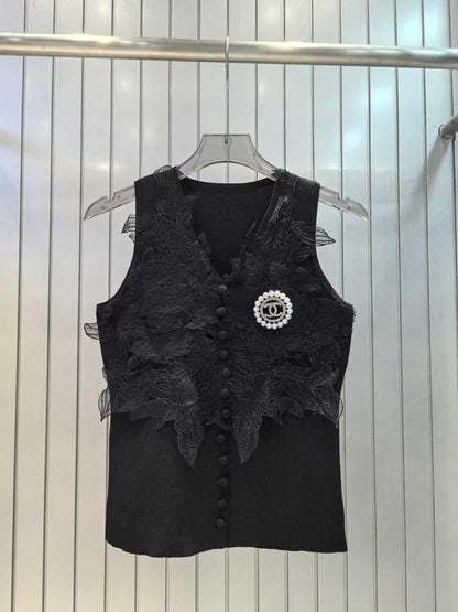 Chanel - T-Shirt avec logo et perles Blanc/Noir