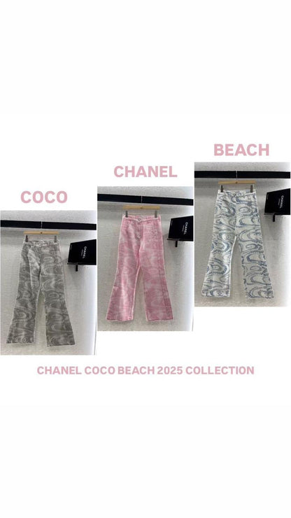 Chanel - Pantalon motifs spirale et floraux Blanc/Rose/Gris