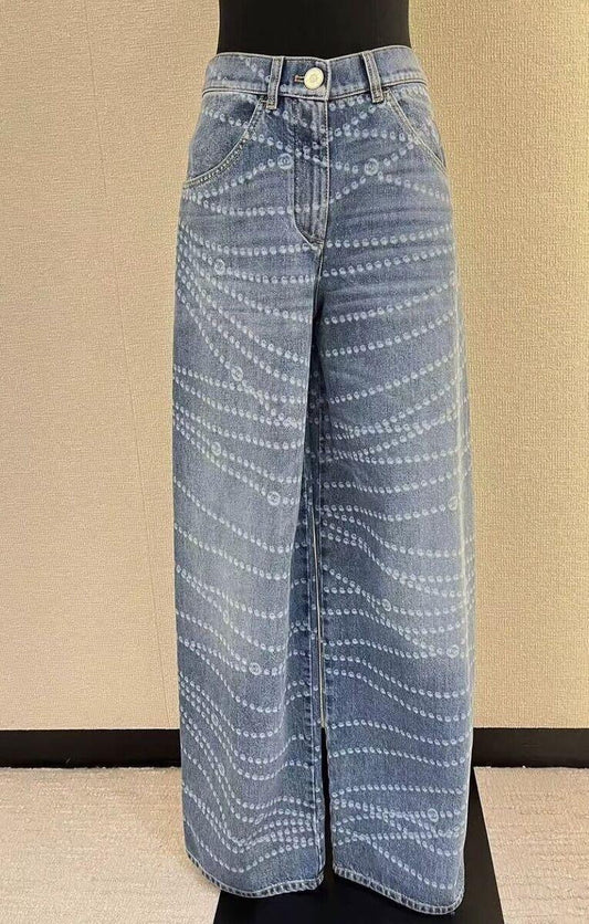 Chanel - Jean avec rayure et logo Bleu Clair