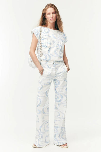 Chanel - Pantalon motifs spirale et floraux Blanc/Rose/Gris