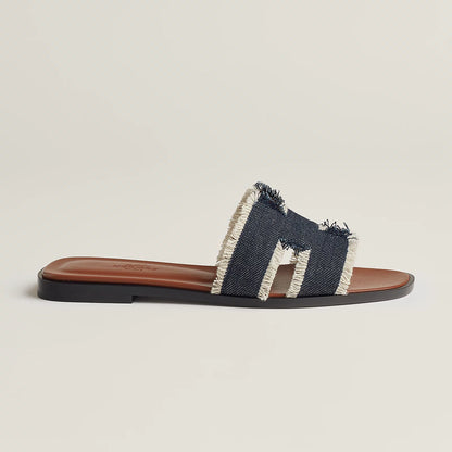 Hermès - Sandales Oran Bleu Brut en Denim effrangé
