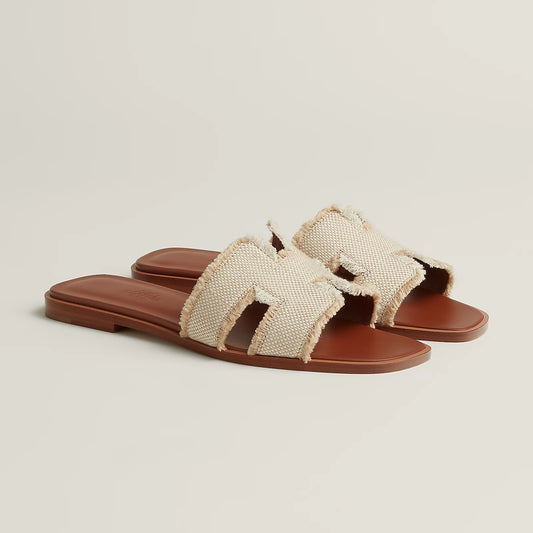 Hermès - Sandales Oran Beige en toile H effrangée