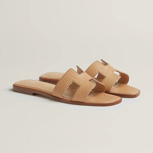 Hermès - Sandales Oran Beige Natura en lézard