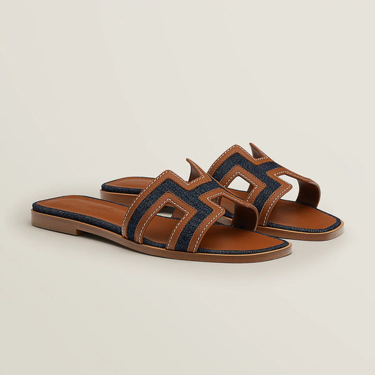 Hermès - Sandales Oran Bleu Brut / Gold