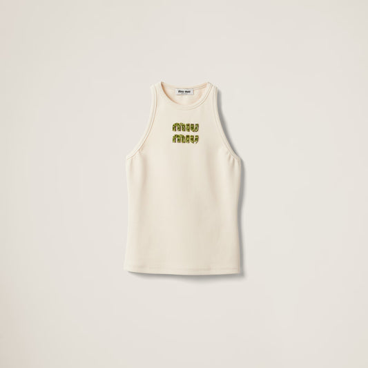 Miu Miu - Top en Jersey avec logo brodé Beige / Vert Fougère