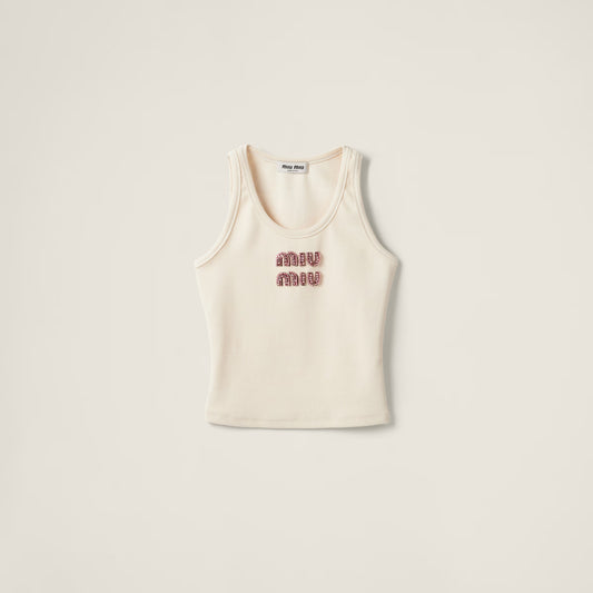 Miu Miu - Top en Jersey avec logo brodé Beige / Rose