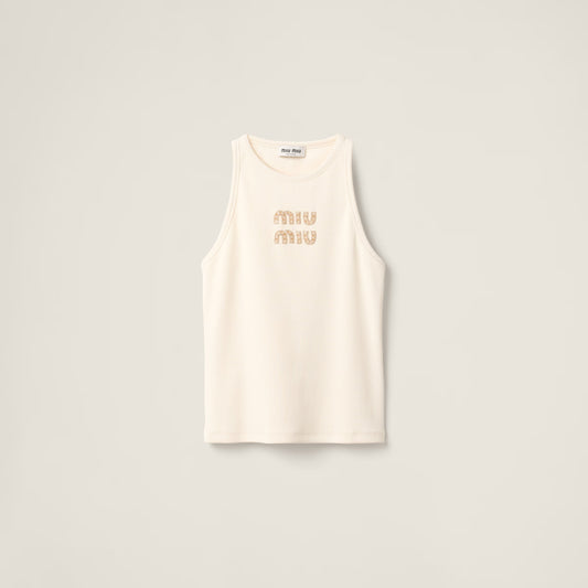 Miu Miu - Top en Jersey avec logo brodé Naturel