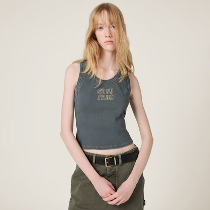 Miu Miu - Top en jersey côtelé brodé Gris