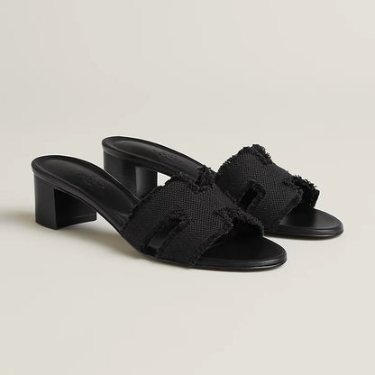 Hermès - Sandales Oasis Noir en Lin Effrangée