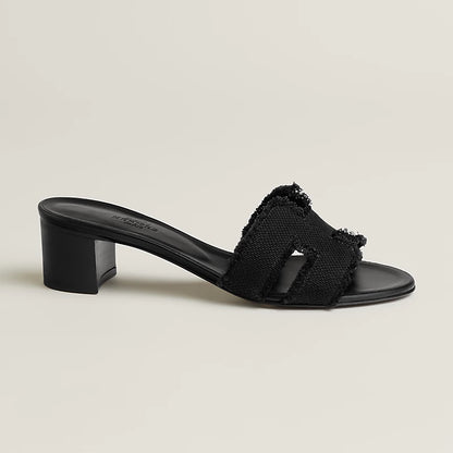 Hermès - Sandales Oasis Noir en Lin Effrangée