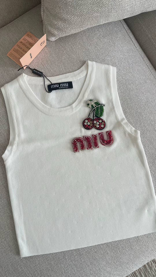 Miu Miu - Top Cerise avec logo brodé Rouge